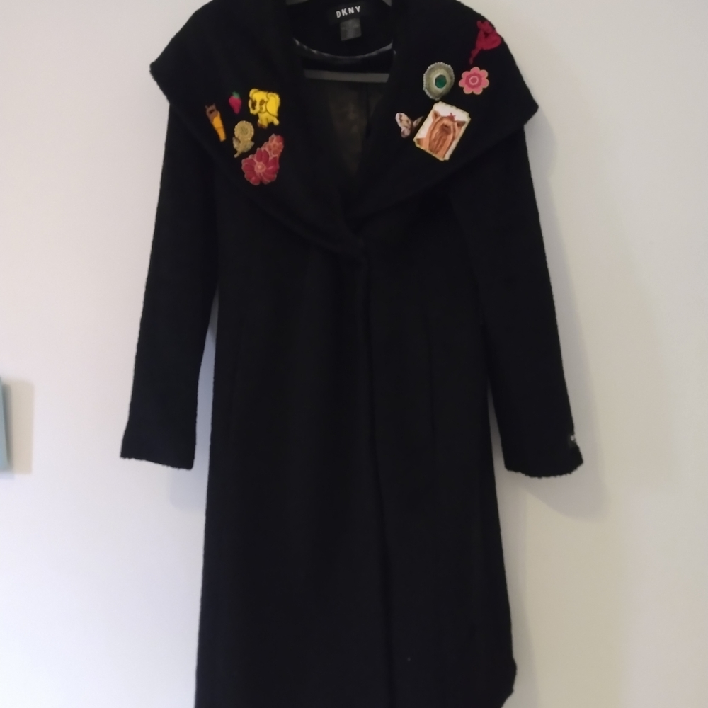 Hand embellished DKNY wool coat with w